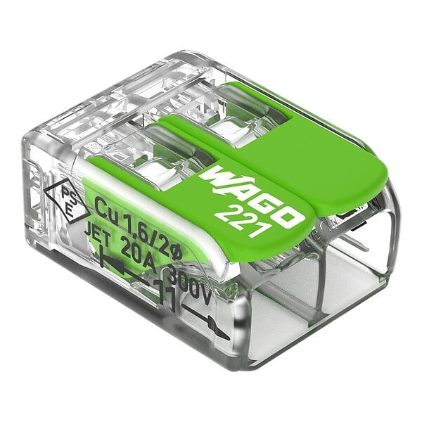 WAGO - Boite de 100 bornes d'installation 221 Green Range Wago - 2 conducteurs 4mm² - à leviers souple & rigide - large