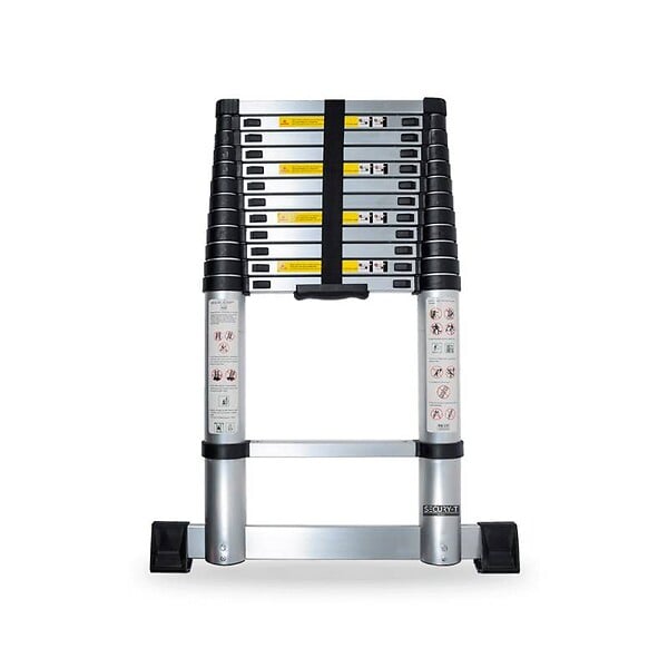 SECURY-T - Echelle télescopique aluminium 13 marches H3,8 m avec barre stabilisatrice - large