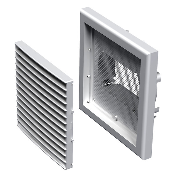 BLAUBERG - Grille de ventilation plastique blanc à ailettes inclinées DECOR avec moustiquaire - LxH (mm): 155 x 155 rac Ø 100/125 - large