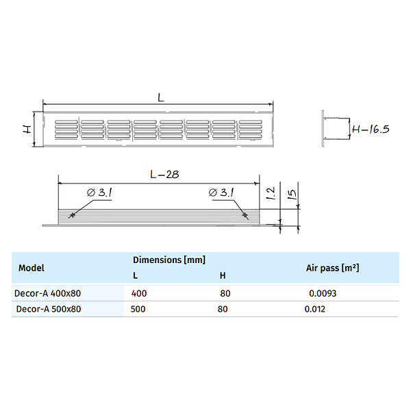 BLAUBERG - Grille aération porte meuble encastrable en aluminium anodisé argent - LxH (mm): 400 x 80 - large