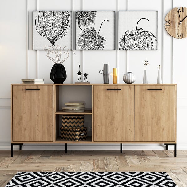 CONCEPT USINE - Buffet 3 portes et 2 niches finition bois et métal noir 180x80cm AURA - large