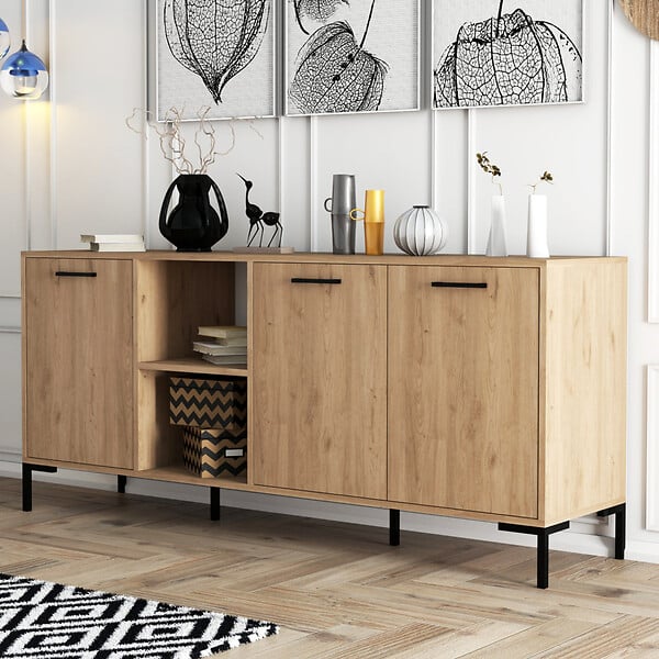 CONCEPT USINE - Buffet 3 portes et 2 niches finition bois et métal noir 180x80cm AURA - large