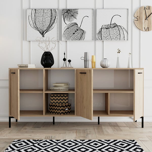 CONCEPT USINE - Buffet 3 portes et 2 niches finition bois et métal noir 180x80cm AURA - large