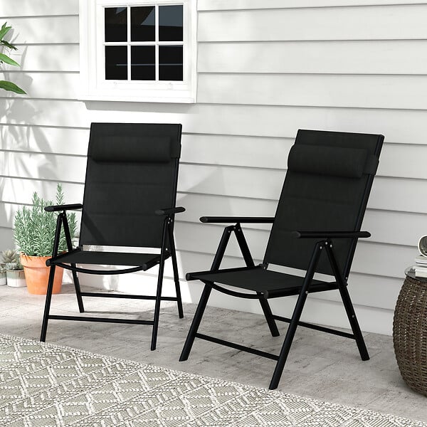 OUTSUNNY - Lot de 2 chaises de jardin pliantes avec accoudoirs alu teslin rembourré déperlant noir - large