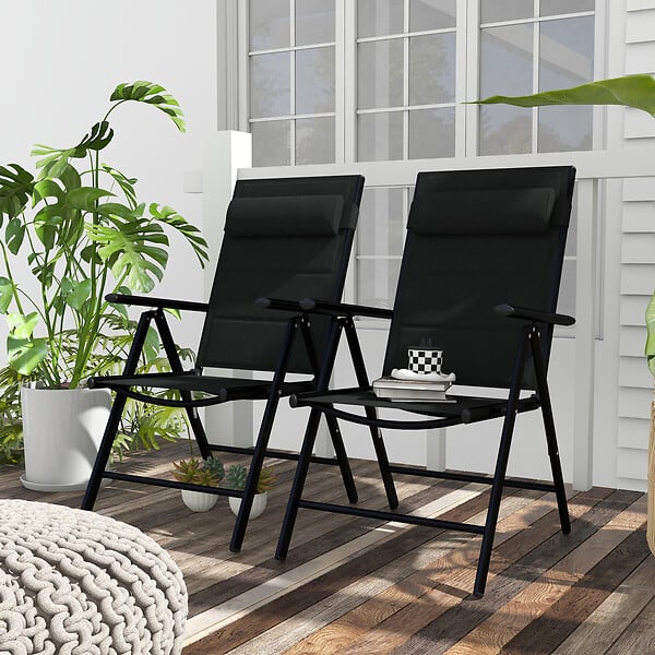 OUTSUNNY - Lot de 2 chaises de jardin pliantes avec accoudoirs alu teslin rembourré déperlant noir - large