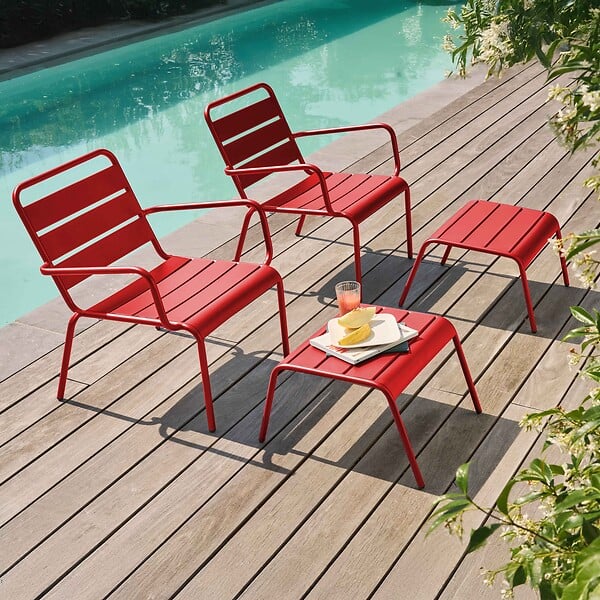 OVIALA - Lot de 2 fauteuils relax avec repose-pieds en métal rouge - Palavas - large