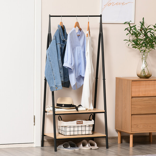 OUTSUNNY - Portant à vêtements penderie style contemporain triangulaire dim. 64L x 43l x 149H cm 2 étagères MDF bois clair acier noir - large