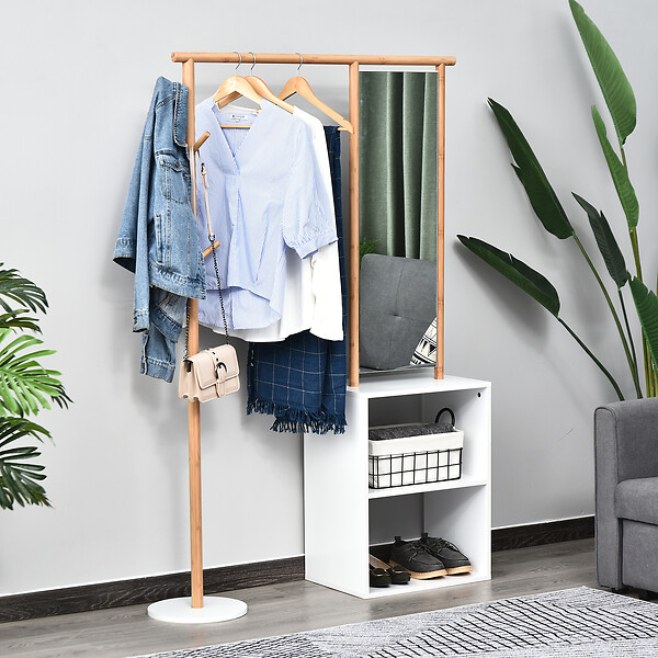 HOMCOM - HOMCOM Porte-manteaux meuble d'entrée vestiaire penderie avec miroir 4 patères 2 niches dim. 100L x 34l x 164H cm MDF blanc bois massif bambou - large