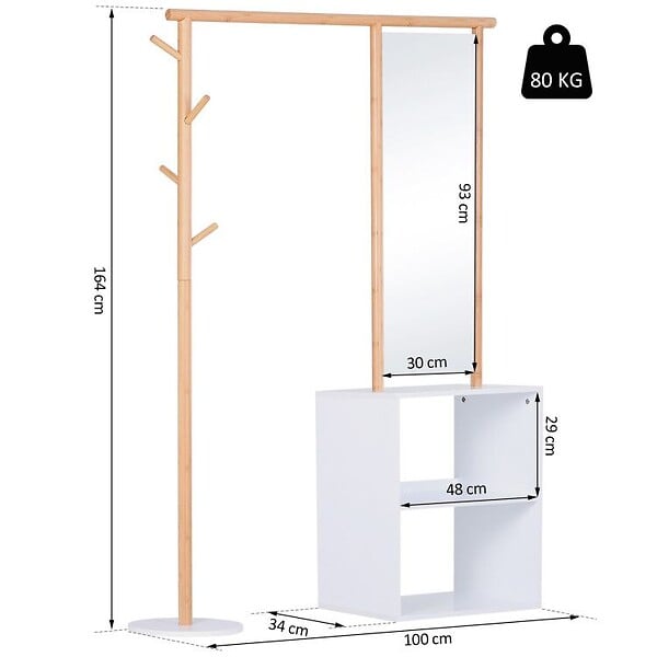 HOMCOM - HOMCOM Porte-manteaux meuble d'entrée vestiaire penderie avec miroir 4 patères 2 niches dim. 100L x 34l x 164H cm MDF blanc bois massif bambou - large