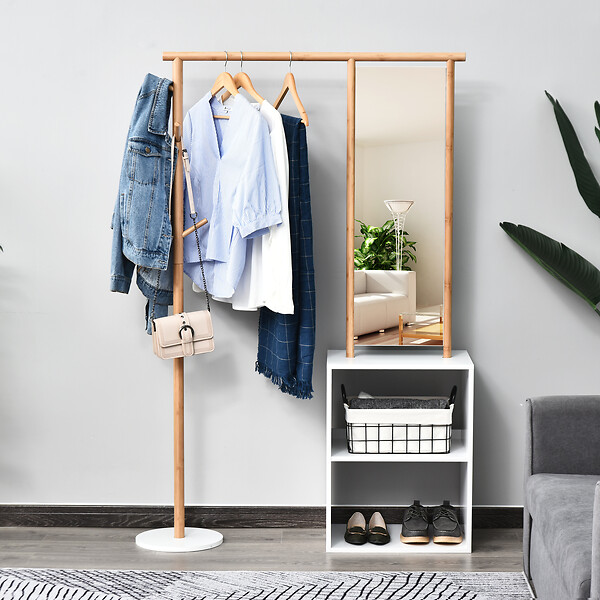 HOMCOM - HOMCOM Porte-manteaux meuble d'entrée vestiaire penderie avec miroir 4 patères 2 niches dim. 100L x 34l x 164H cm MDF blanc bois massif bambou - large