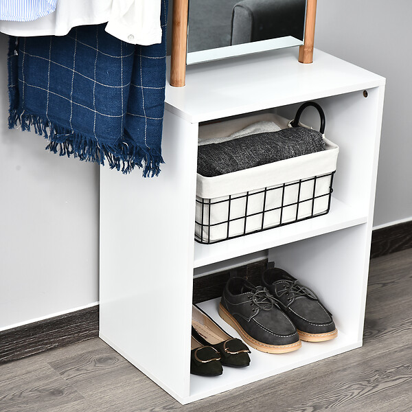 HOMCOM - HOMCOM Porte-manteaux meuble d'entrée vestiaire penderie avec miroir 4 patères 2 niches dim. 100L x 34l x 164H cm MDF blanc bois massif bambou - large