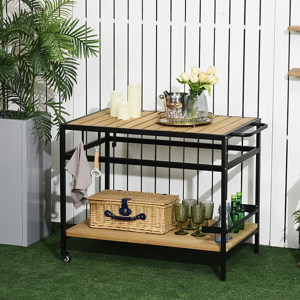 OUTSUNNY - Desserte de jardin chariot pour plancha barbecue en bois et métal avec 2 étagères et 3 crochets - 107 x 65 x 80 cm noir naturel - large