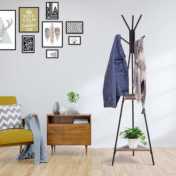 HOMCOM - HOMCOM Porte-manteau trépied style industriel branches 2 étagères + 6 patères dim. 52L x 46l x 182H cm métal noir panneaux particules boisés - large