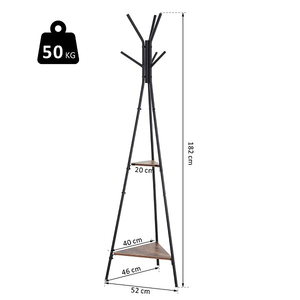 HOMCOM - HOMCOM Porte-manteau trépied style industriel branches 2 étagères + 6 patères dim. 52L x 46l x 182H cm métal noir panneaux particules boisés - large