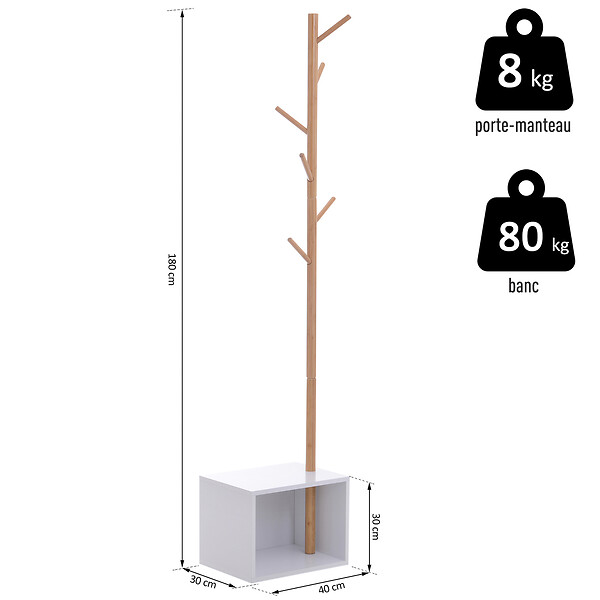 HOMCOM - HOMCOM Meuble rangement porte-manteaux 2 en 1 design contemporain cosy dim. 40L x 30l x 180H cm MDF blanc bois massif bambou - large