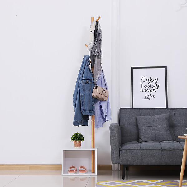 HOMCOM - HOMCOM Meuble rangement porte-manteaux 2 en 1 design contemporain cosy dim. 40L x 30l x 180H cm MDF blanc bois massif bambou - large