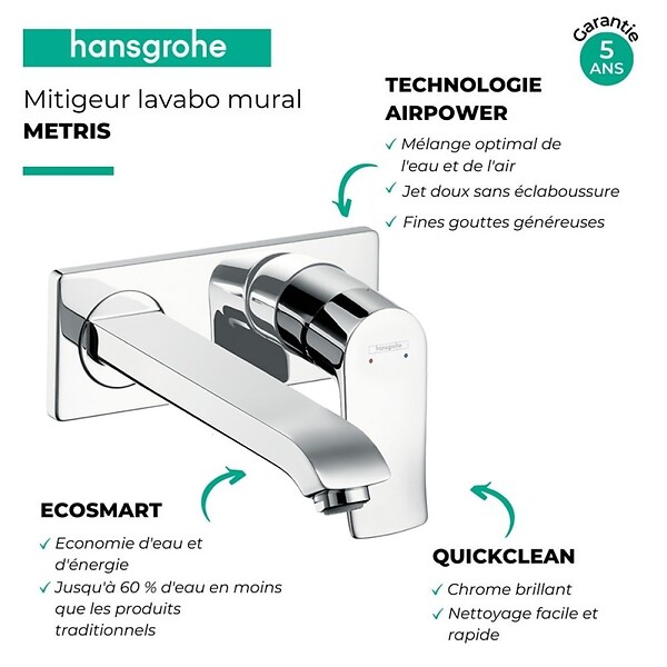 HANSGROHE - Mitigeur lavabo mural Metris + corps encastré Economie d'eau - large