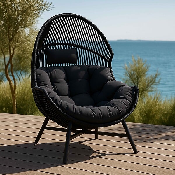 OVIALA - Fauteuil de jardin oeuf sur pied en rotin synthétique 142 cm noir - Bamako - large
