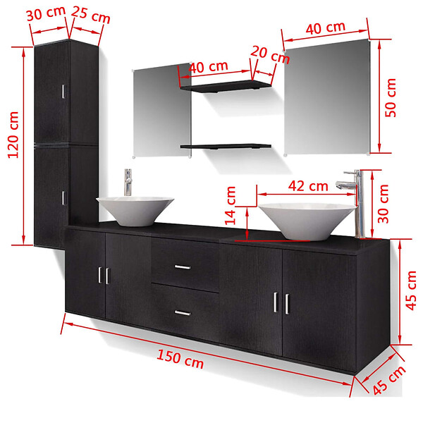 VIDAXL - vidaXL Meuble de salle de bain 11 pcs avec lavabo et robinet Noir - large