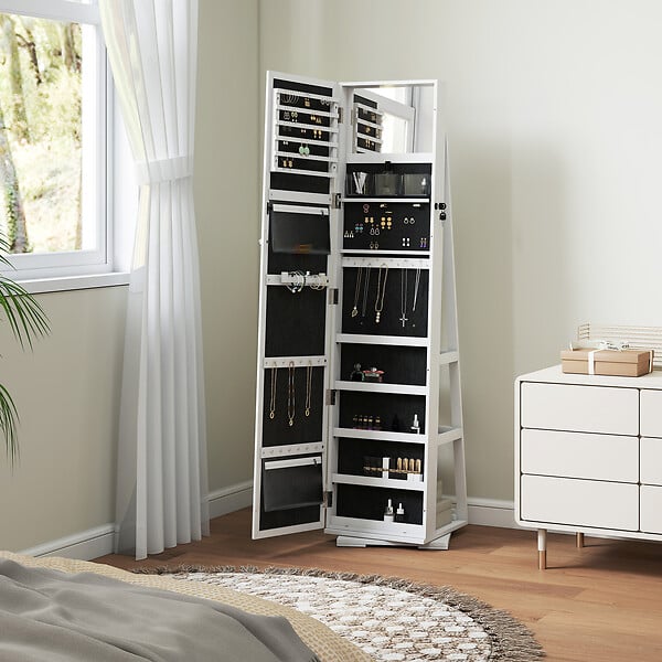 HOMCOM - Armoire à bijoux pivotante verrouillable avec miroir - armoire bijoux multi-rangement - MDF gris clair - large