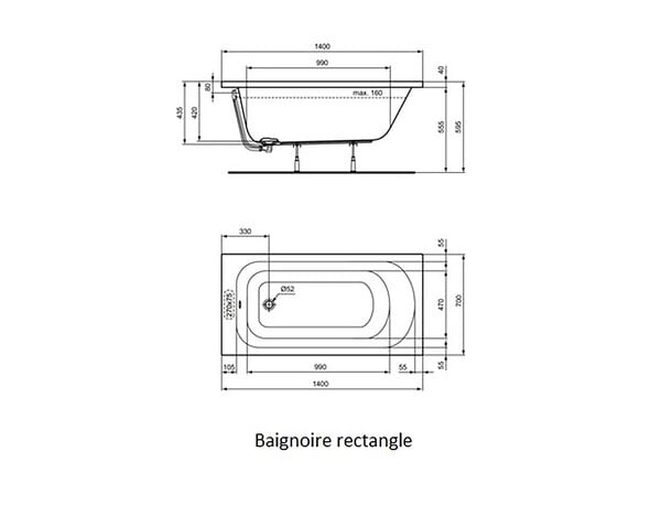 PORCHER - Baignoire rectangulaire ULYSSE - Modèle (Lx l)r: 1700x750mm - large