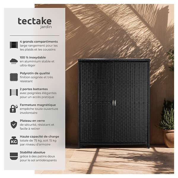 TECTAKE - Armoire de jardin en rotin Monza, structure en aluminium, 4 compartiments noir - large