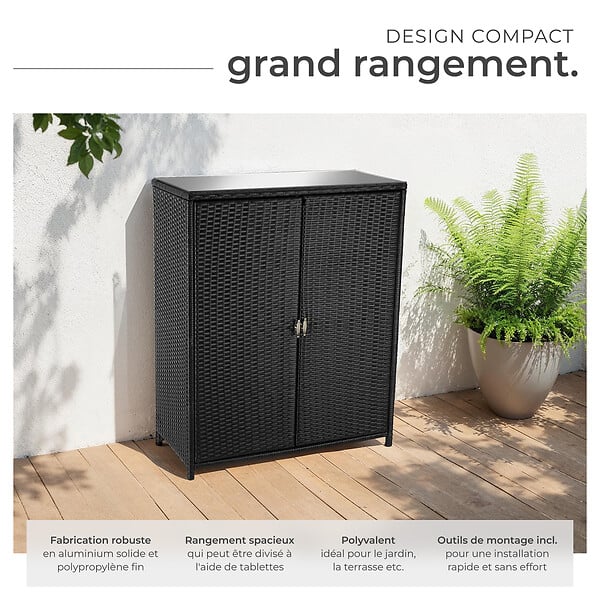 TECTAKE - Armoire de jardin en rotin Monza, structure en aluminium, 4 compartiments noir - large