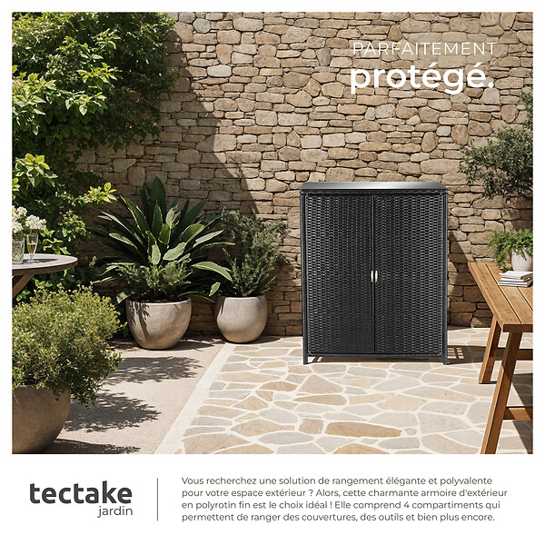 TECTAKE - Armoire de jardin en rotin Monza, structure en aluminium, 4 compartiments noir - large
