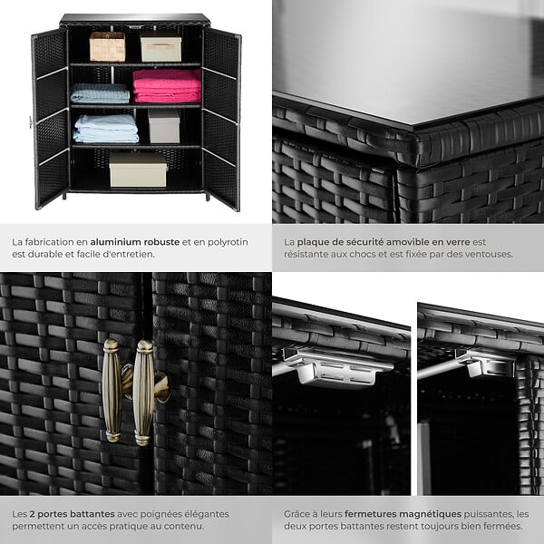 TECTAKE - Armoire de jardin en rotin Monza, structure en aluminium, 4 compartiments noir - large