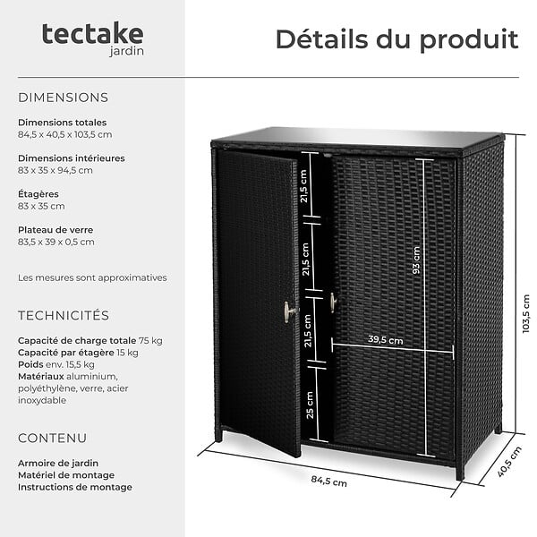 TECTAKE - Armoire de jardin en rotin Monza, structure en aluminium, 4 compartiments noir - large