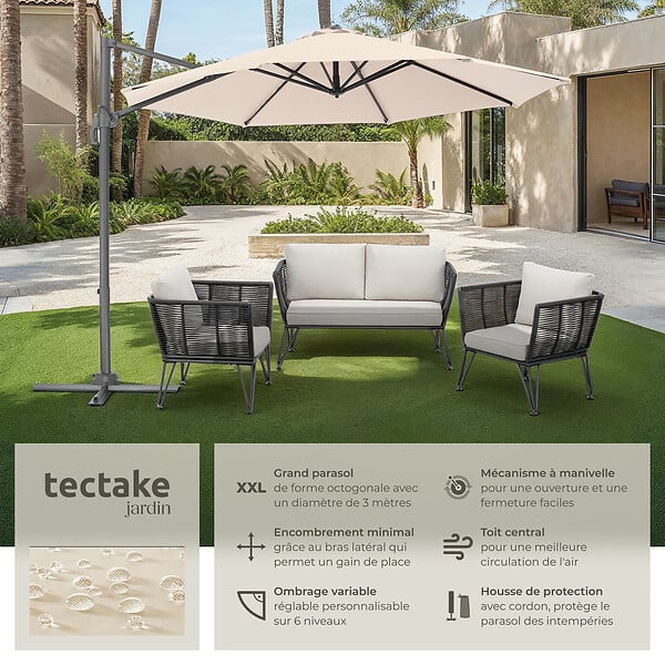 TECTAKE - Parasol DARIA 300 cm avec pied déporté et housse de protection beige - large