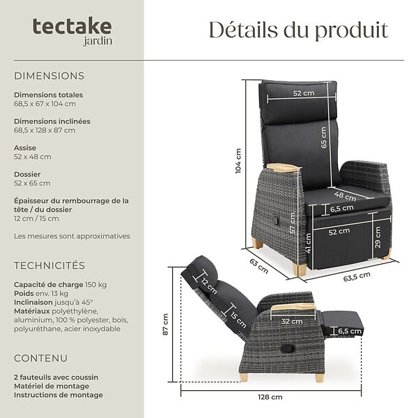 TECTAKE - Fauteuil en rotin Pescara avec structure en aluminium, dossier réglable gris - large