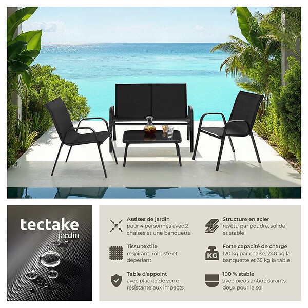 TECTAKE - Salon de jardin NORA pour 4 personnes avec table noir - large