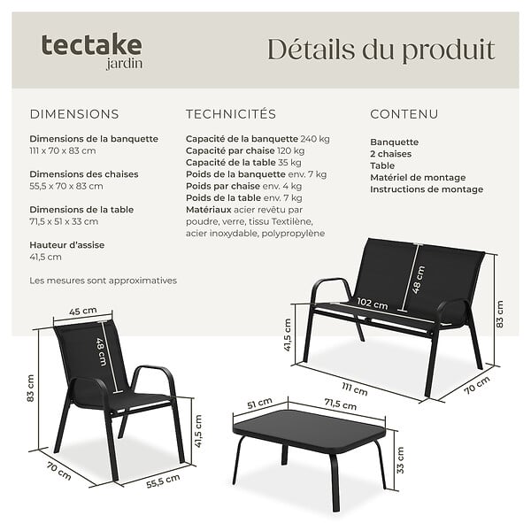 TECTAKE - Salon de jardin NORA pour 4 personnes avec table noir - large