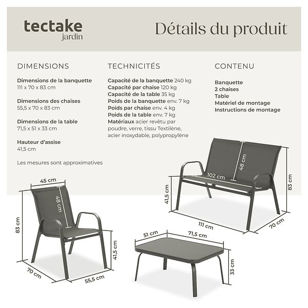 TECTAKE - Salon de jardin NORA pour 4 personnes avec table gris anthracite - large