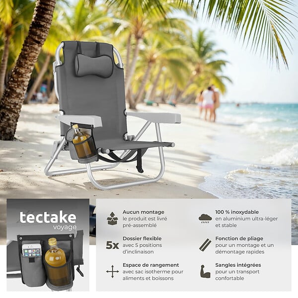 TECTAKE - Chaise de plage aluminium pliable gris avec dossier réglable et transport sac à dos - large