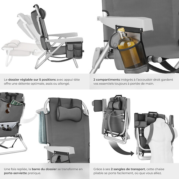 TECTAKE - Chaise de plage aluminium pliable gris avec dossier réglable et transport sac à dos - large