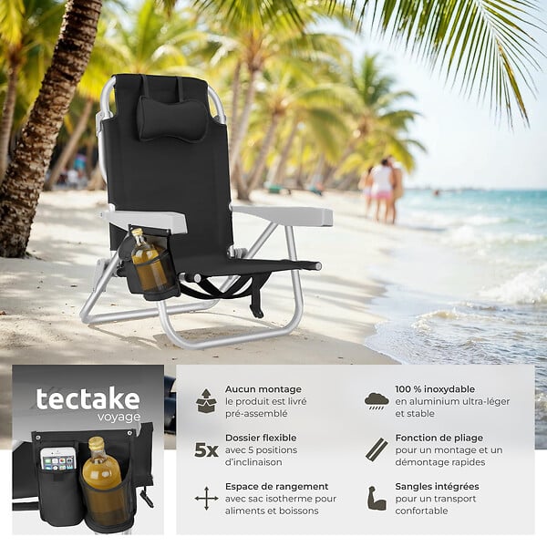 TECTAKE - Chaise de plage en aluminium pliable noire avec dossier réglable et transport sac à dos - large
