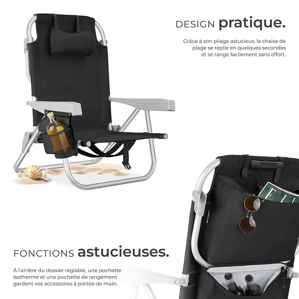 TECTAKE - Chaise de plage en aluminium pliable noire avec dossier réglable et transport sac à dos - large