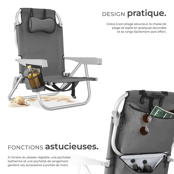 TECTAKE - Chaise de plage aluminium grise pliable avec dossier réglable et sac à dos pratique - large