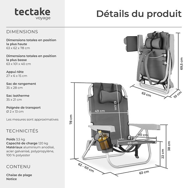 TECTAKE - Chaise de plage aluminium grise pliable avec dossier réglable et sac à dos pratique - large