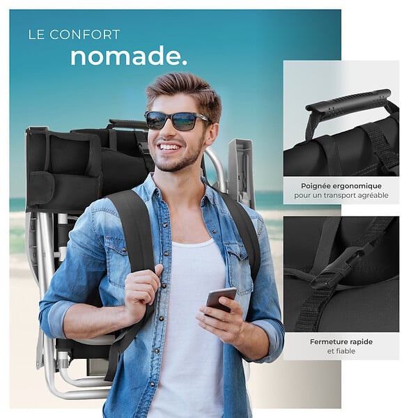 TECTAKE - Chaise de plage en aluminium pliable avec dossier réglable noir avec sac à dos et coussin - large