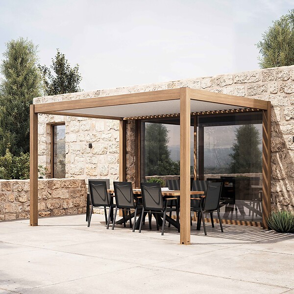 OVIALA - Pergola bioclimatique autoportée motorisée et éclairée 3x4m et 1 store - Kavala - large