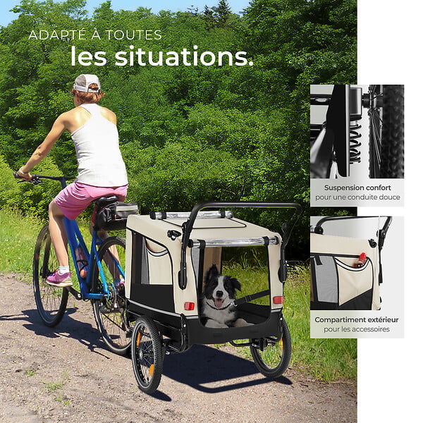 TECTAKE - Remorque vélo pour chien WoofRider multifonction, Pliable, jusqu'à 40kg beige - large