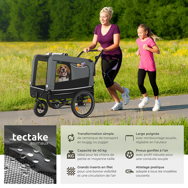 TECTAKE - Remorque vélo pour chien WoofRider multifonction, Pliable, jusqu'à 40kg gris - large