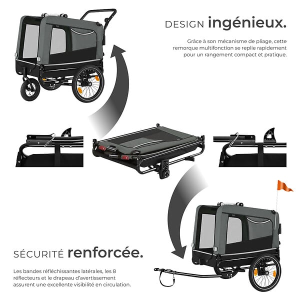 TECTAKE - Remorque vélo pour chien WoofRider multifonction, Pliable, jusqu'à 40kg gris - large