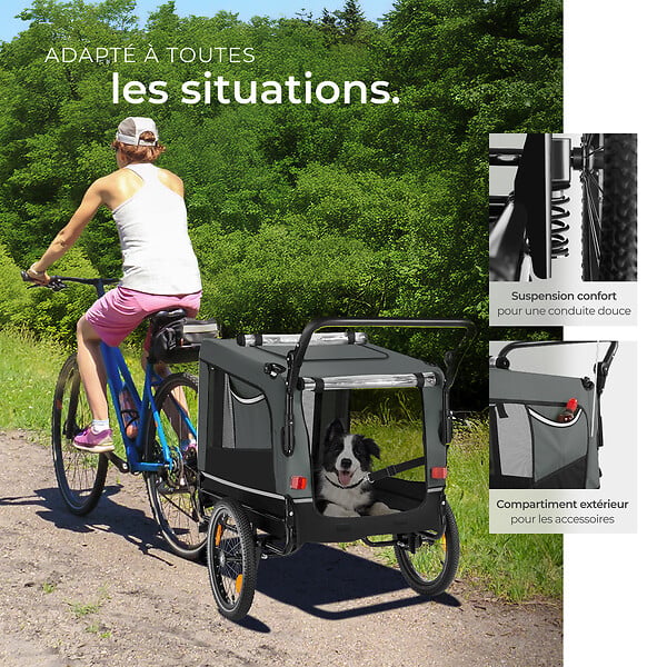 TECTAKE - Remorque vélo pour chien WoofRider multifonction, Pliable, jusqu'à 40kg gris - large