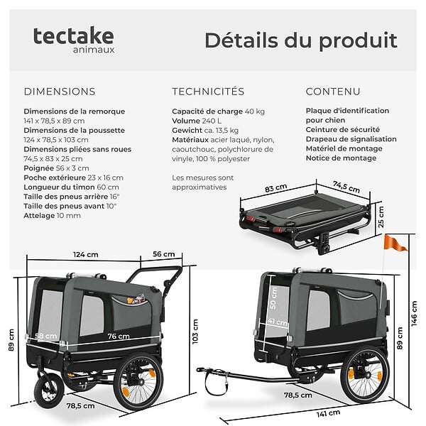 TECTAKE - Remorque vélo pour chien WoofRider multifonction, Pliable, jusqu'à 40kg gris - large