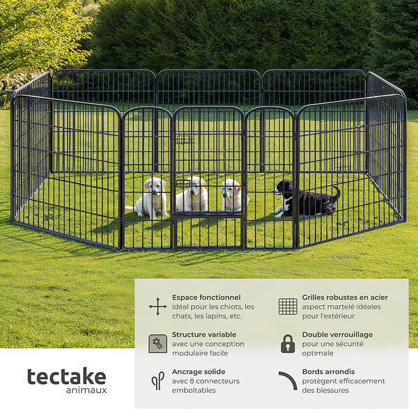 TECTAKE - Enclos modulable pour chien gris portes avec double verrou pliable vernis protection dimensions 210 cm - large