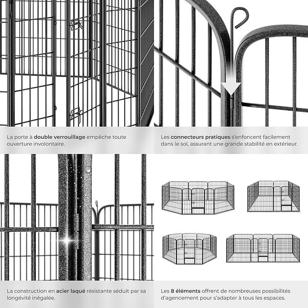 TECTAKE - Enclos modulable pour chien gris portes avec double verrou pliable vernis protection dimensions 210 cm - large